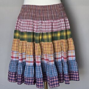 Vintage Boho Plaid Cottagecore Multicolor Tiered Circle Pull -On Skirt